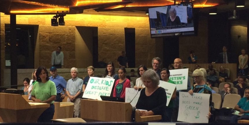 Austin park advocators at Austin city council budget meeting