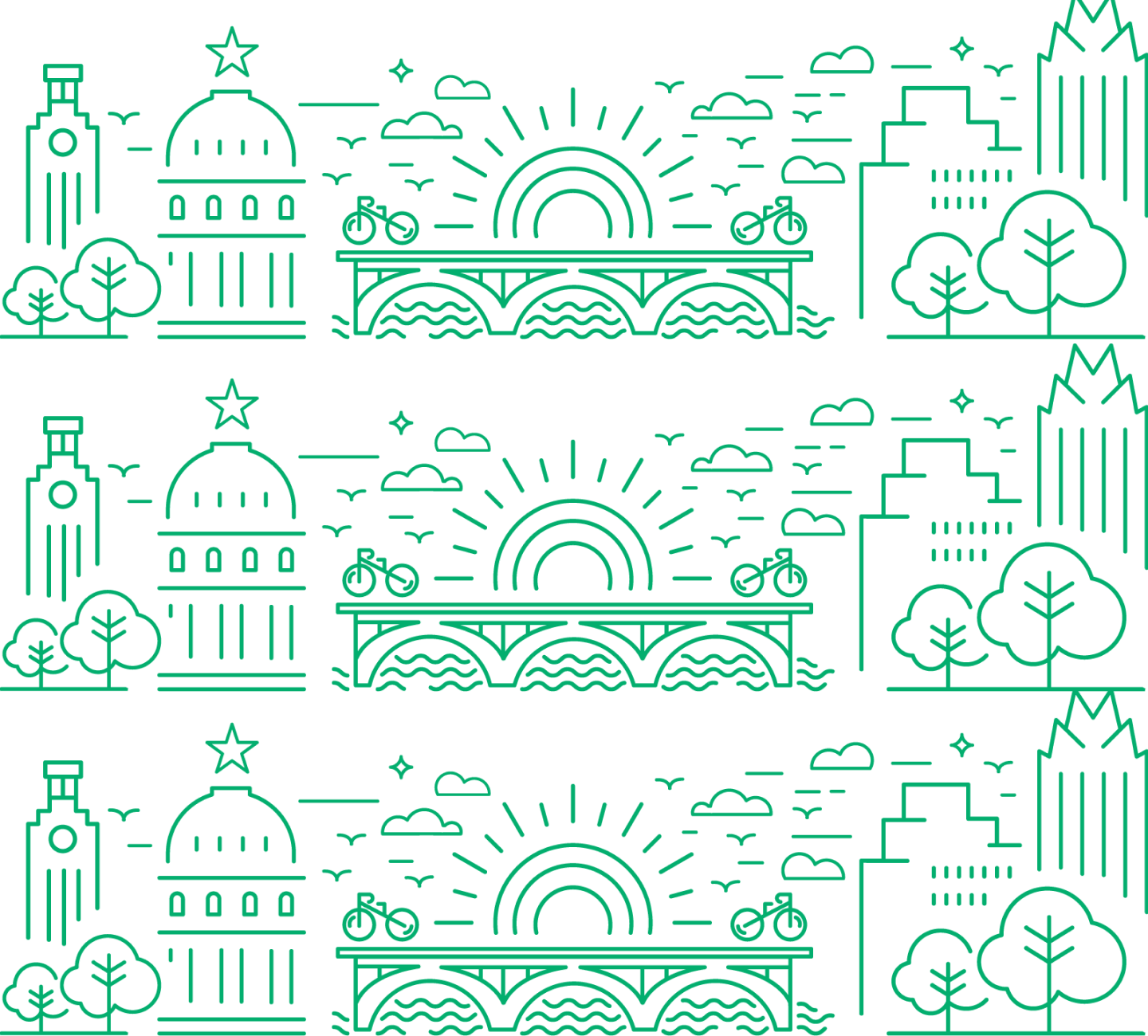 Green outline of the Austin city skyline.