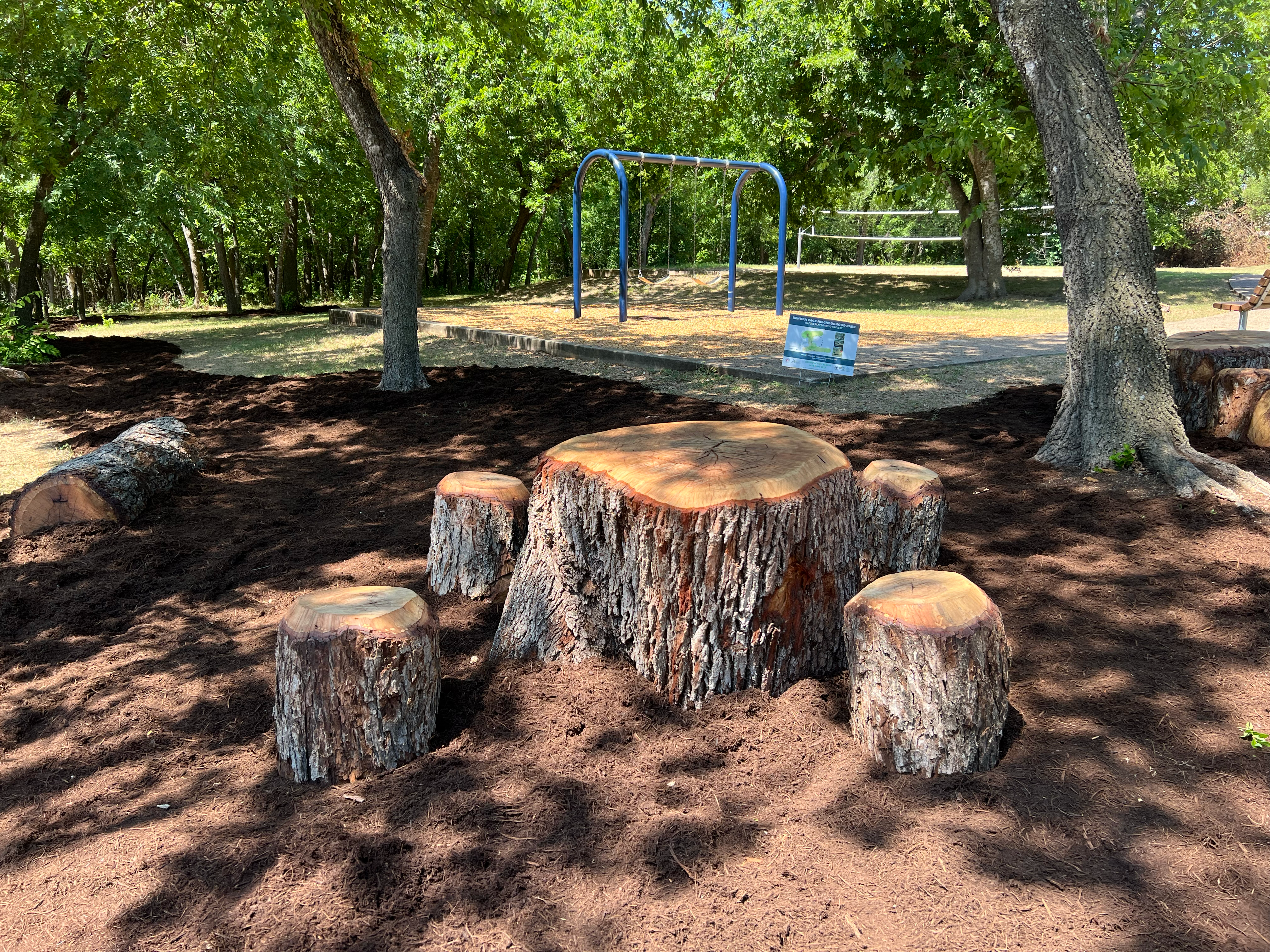 Large stumps for park visitors to enjoy sit just in front of the swing set