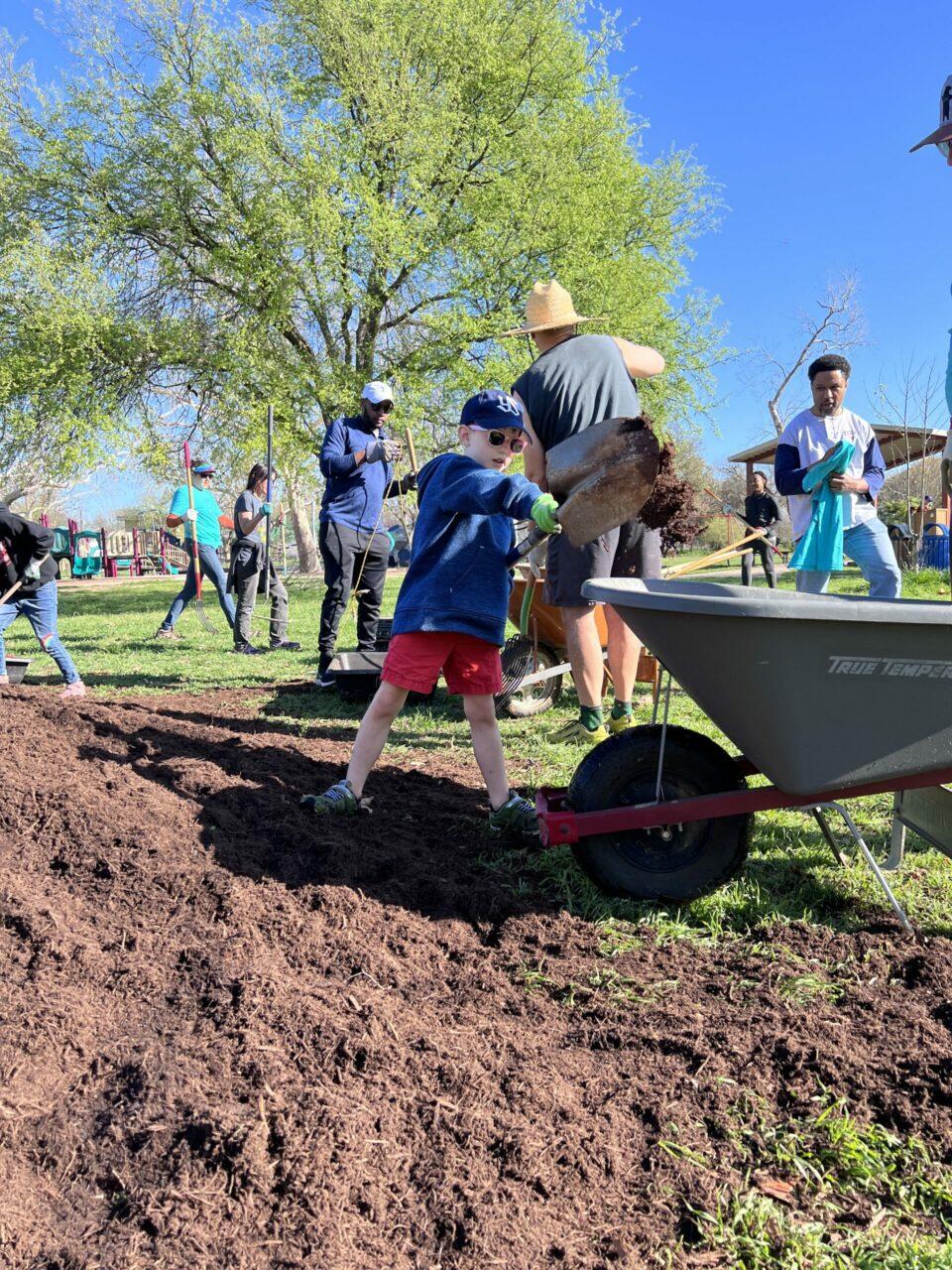 A young boy shovels mulch into a wheelbarrow during It's My Park Day.
